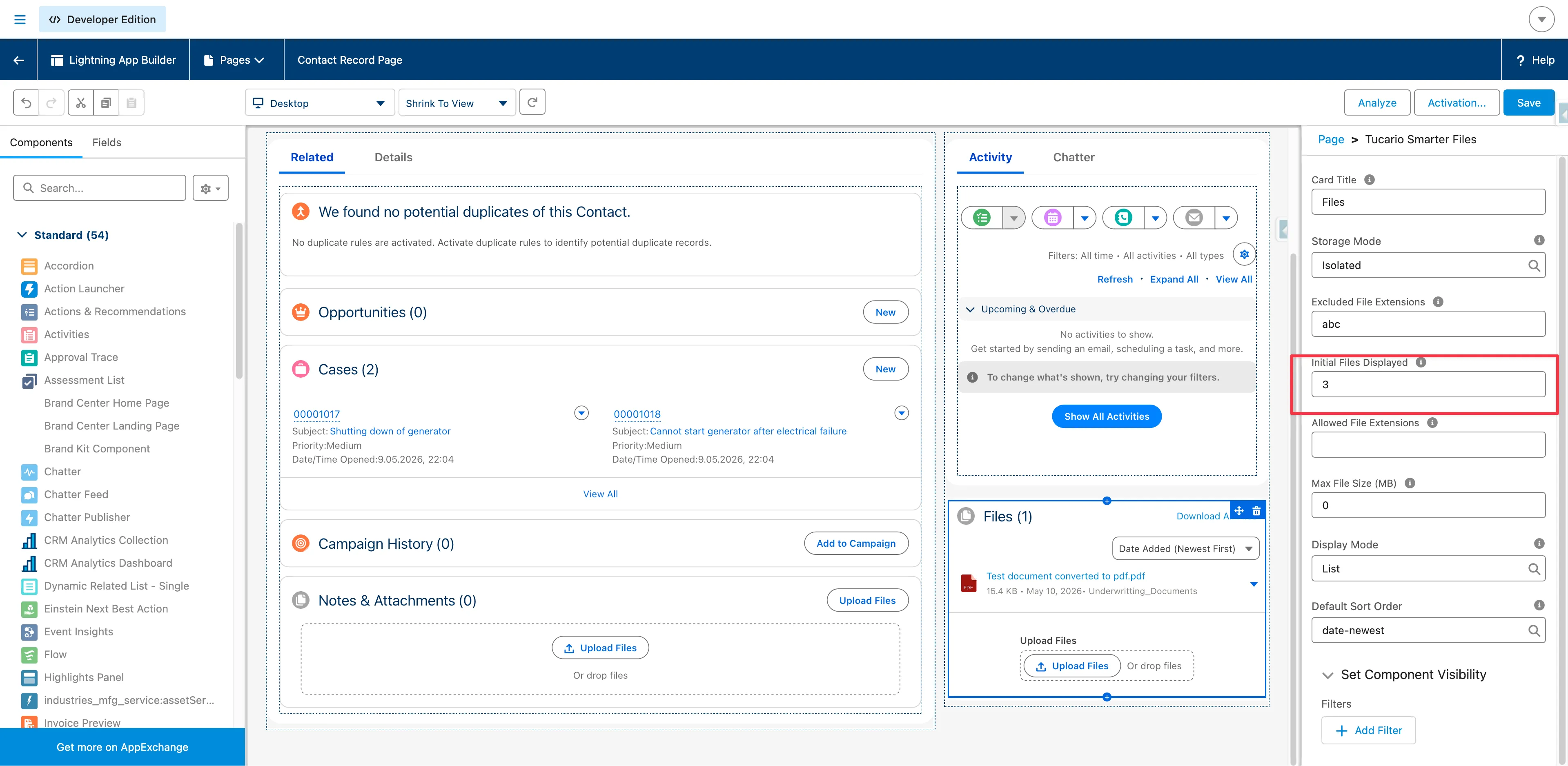 Initial Files Displayed property highlighted in App Builder properties panel