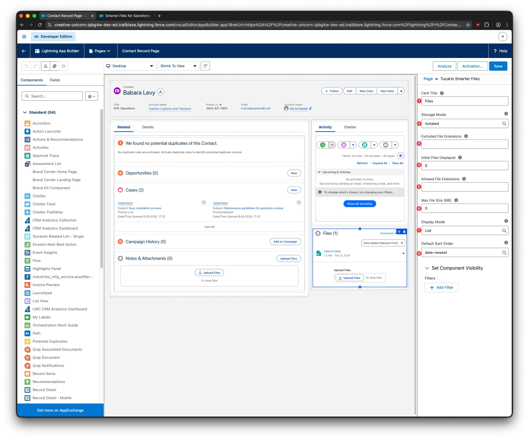Lightning App Builder with Smarter Files component selected and the properties panel open