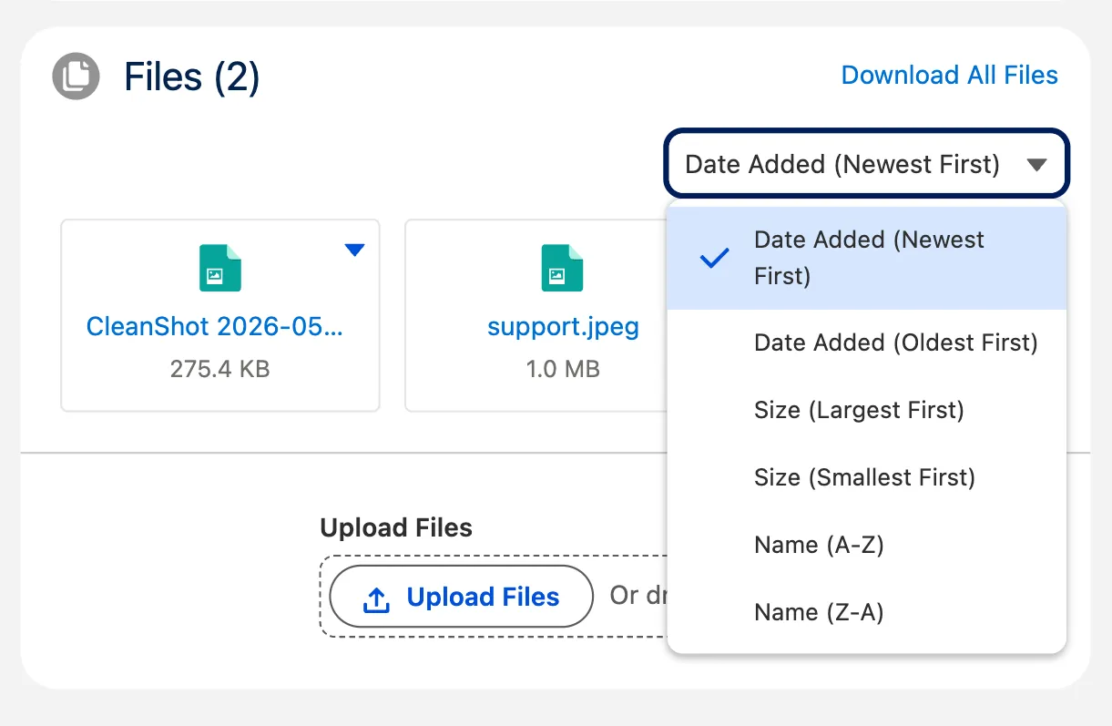 Sort dropdown open showing the six sort options