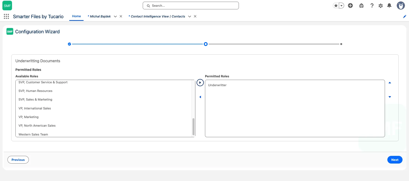 Wizard step 2: dual listbox with available roles on the left and permitted roles on the right