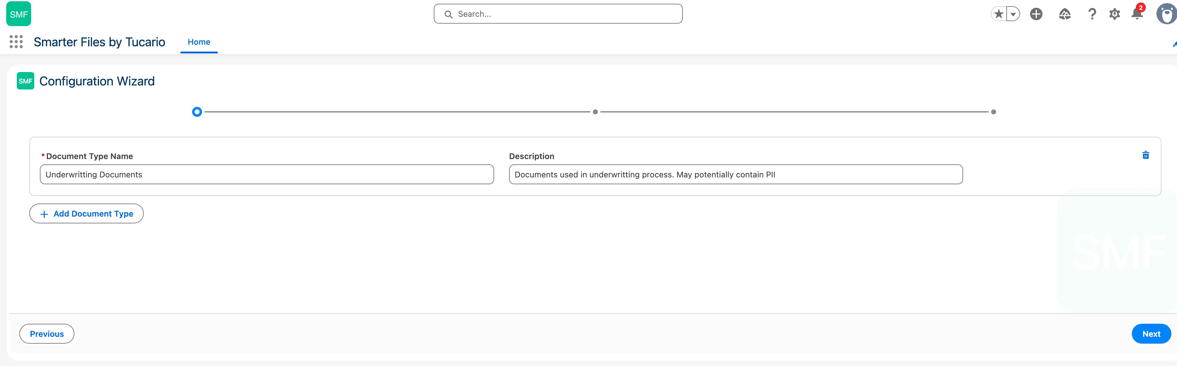 Wizard step 1: defining a document type called Underwriting Documents