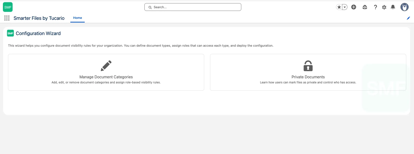 Configuration Wizard home with Manage Categories and Private Documents cards